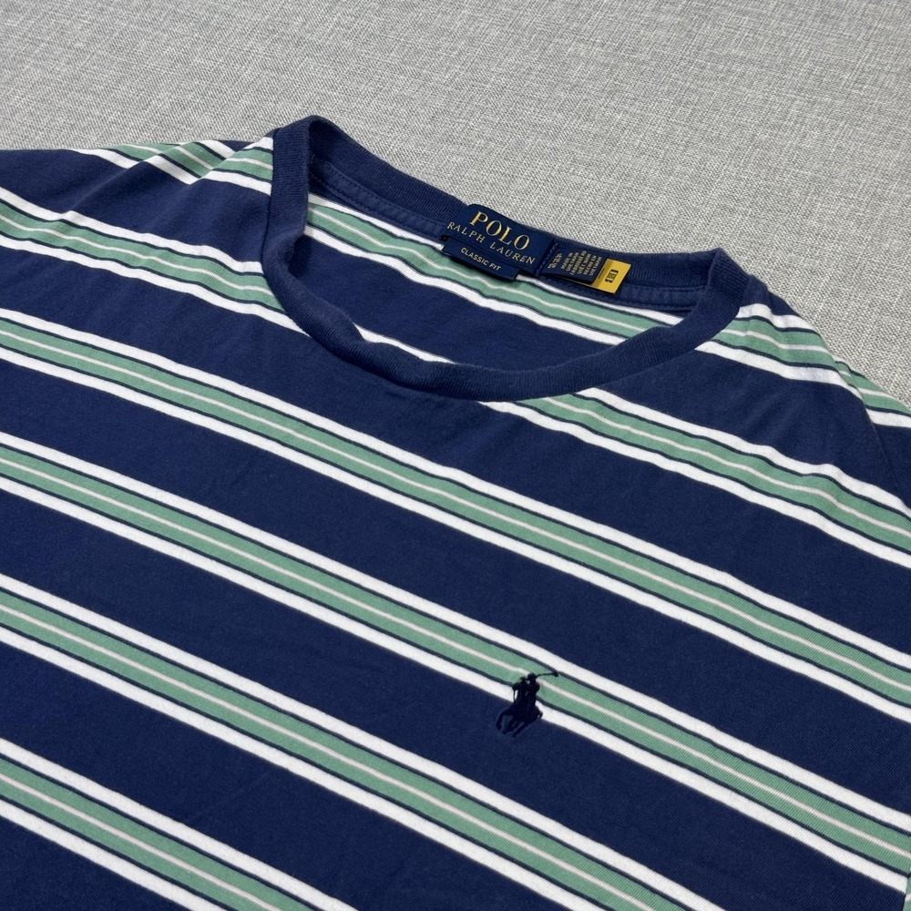 Polo Ralph Lauren T-Shirt Mens XL Blue Striped Crew Neck Cotton Jersey